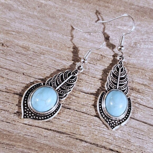 Art Deco Leaves Turquoise Blue Stone Silver Dangle Earrings - Picture 1 of 7